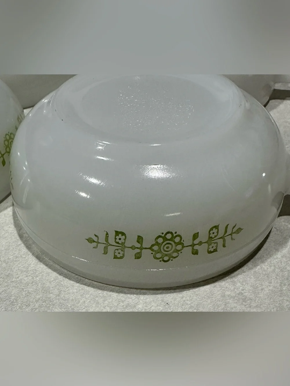 6 -Glasbake Milk Glass Handled Soup Bowl Green Daisy Floral J-2639 MCM USA VTG